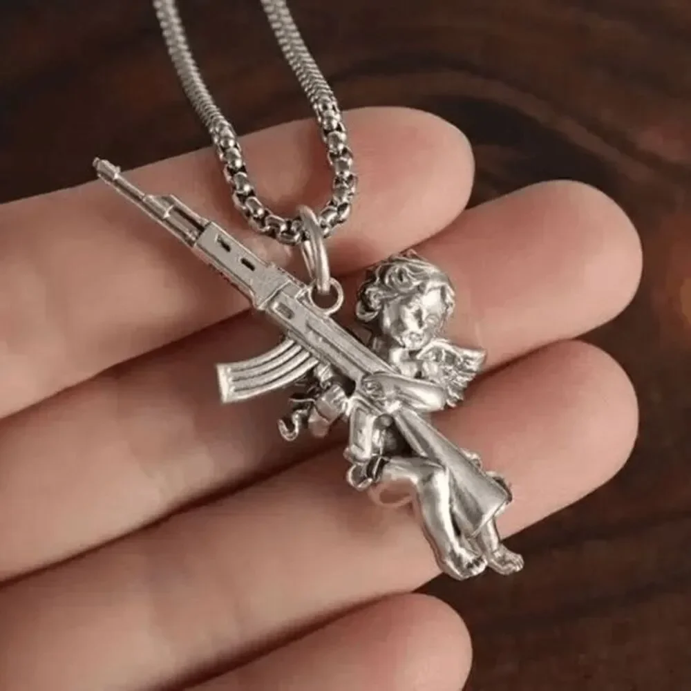 Angel Cherub Cupid AK47 Gun Stainless Steel Pendant Necklace